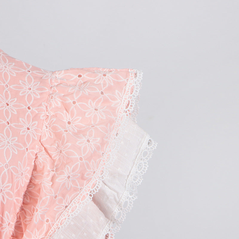 Pink floral eyelet dress with white lace trim, stand collar, fashionable summer style