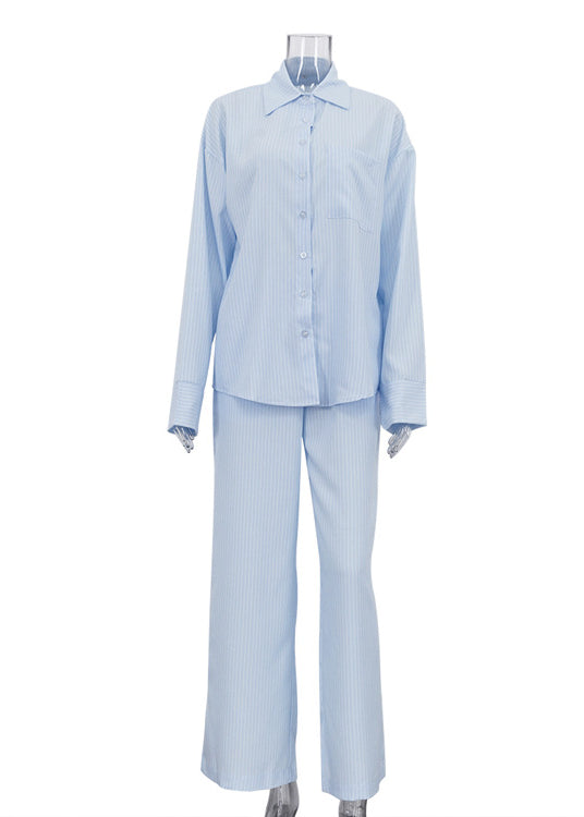 Light blue white striped langry fashion pajama set with shirt pants
