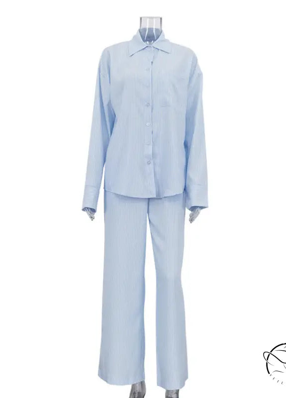 Light blue white striped langry fashion pajama set with shirt pants