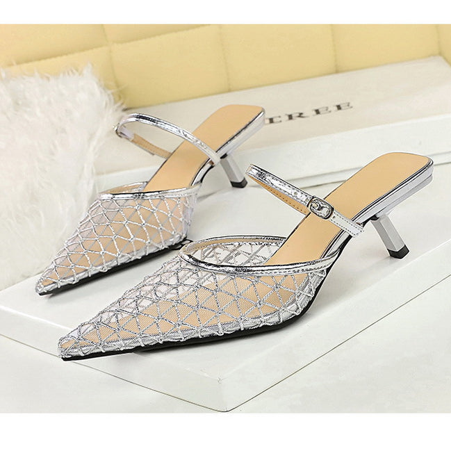 Langry fashion silver metallic mesh pointed toe kitten heel mule sandal