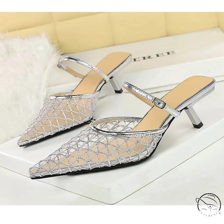 Langry fashion silver mesh kitten heel mule sandal with pointed toe