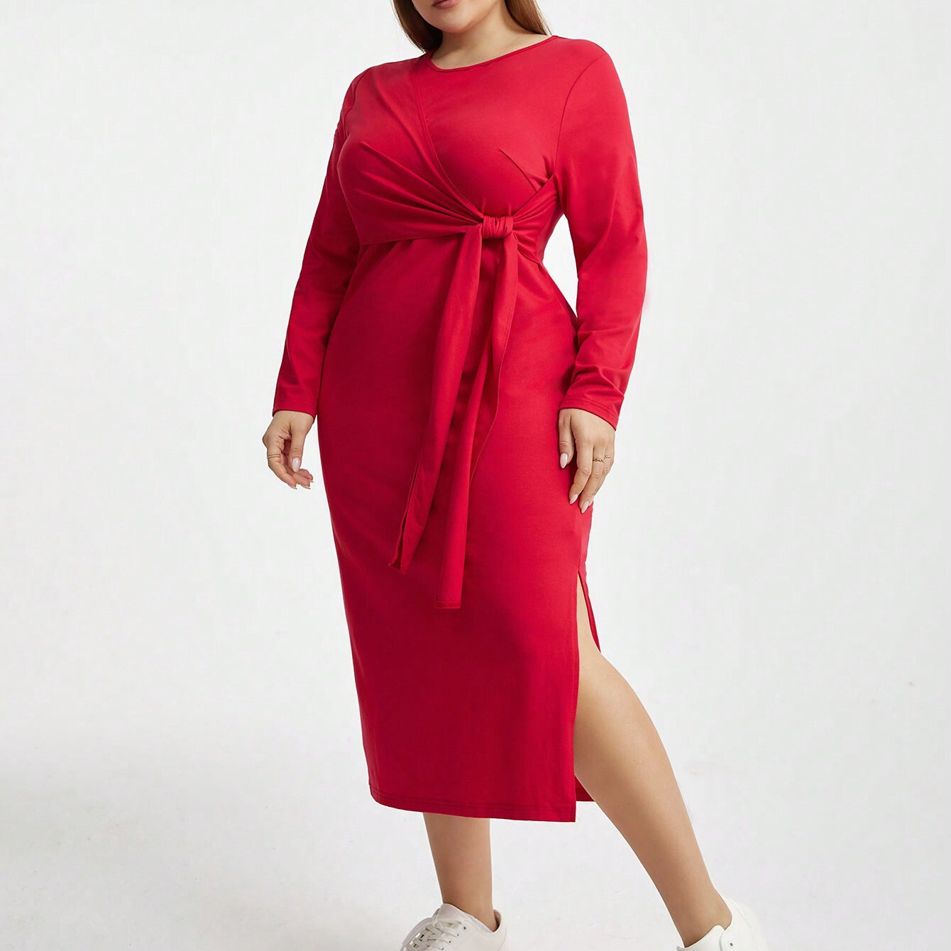 Elegant high waist lace up sheath dress in fiery red long-sleeved fashion attire