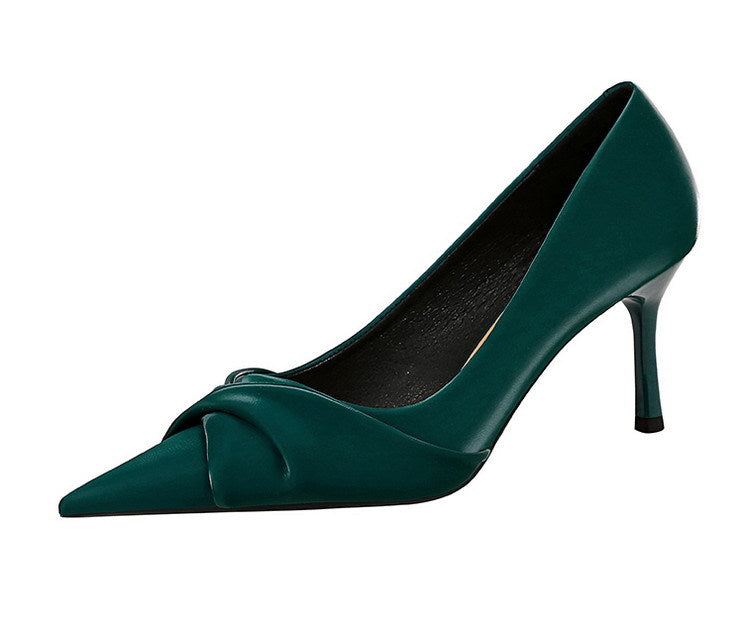 Emerald green satin Langry fashion high heel pump with bow detail