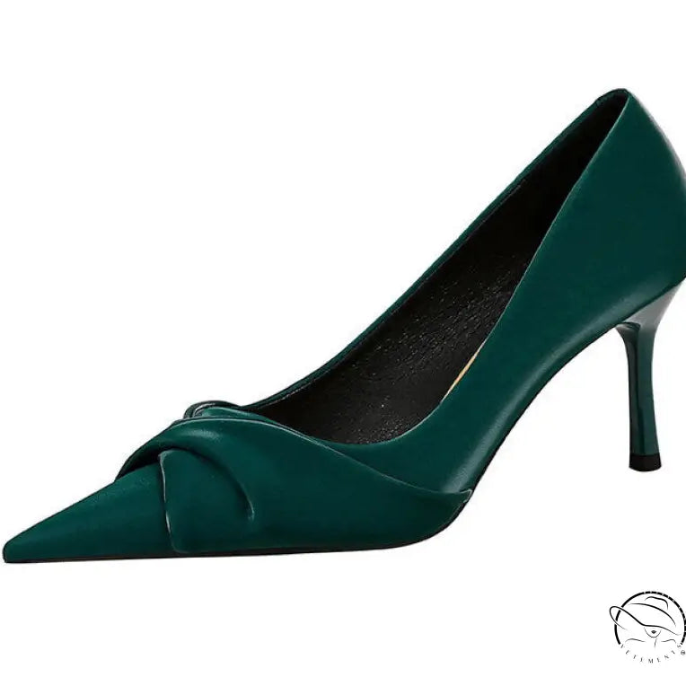 Emerald green satin Langry fashion high heel pump with bow detail