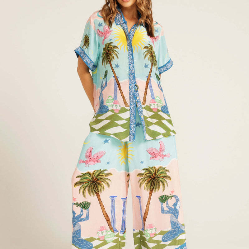 Woman wearing trendy patterned pajamas from Personalized Printing Short Sleeve Vacation Tether Suit, fashion and ملابس