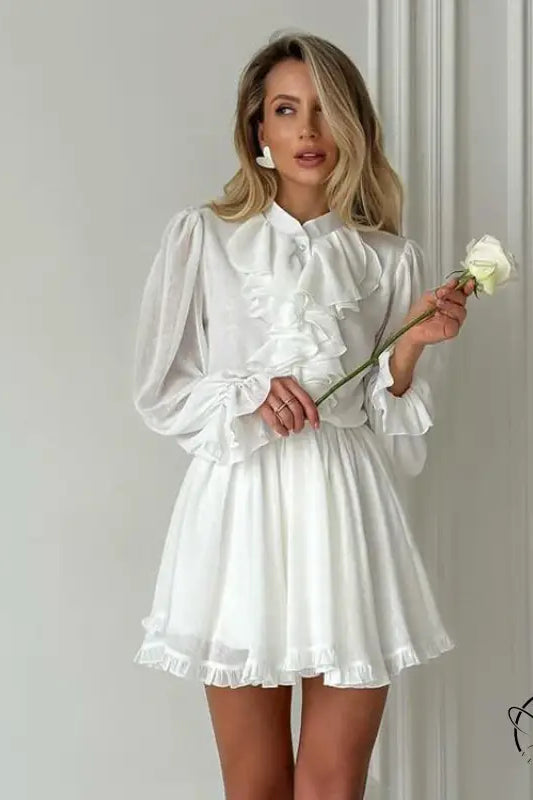 Elegant white ruffled French short dress in langry fashion ملابس