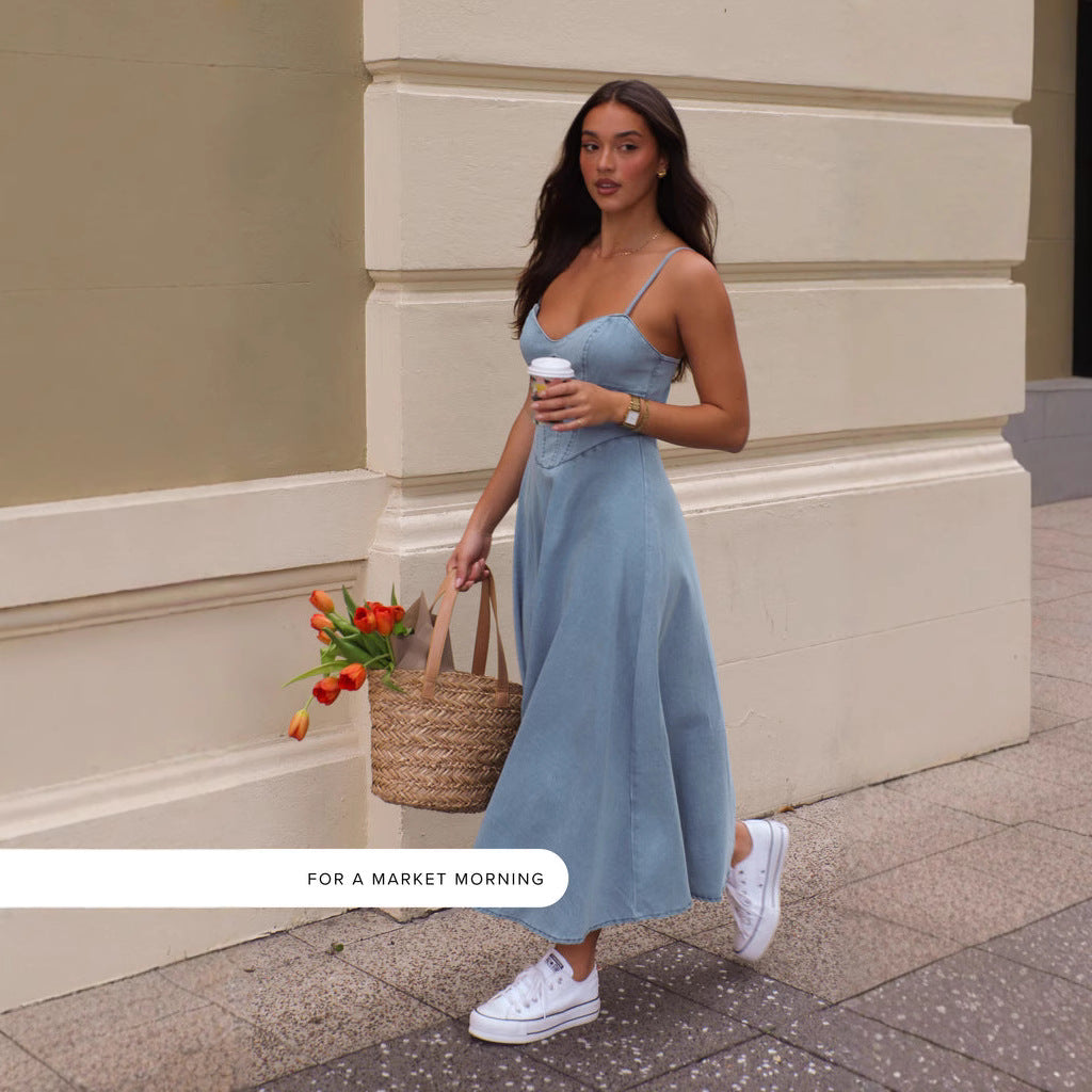 Powder blue sundress with white sneakers and a woven market bag for trendy fashion ملابس