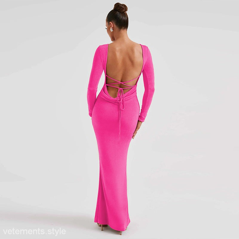 Long-sleeved pink backless elegant dress from Fashionable Backless Lace-up collection