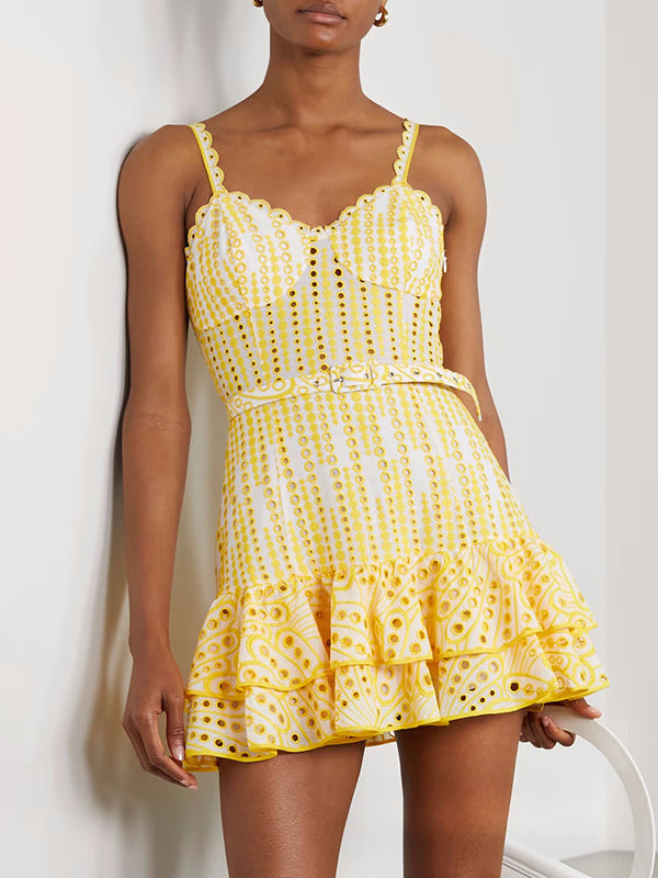 Yellow sundress with eyelet details, perfect for summer fashion and ملابس styling