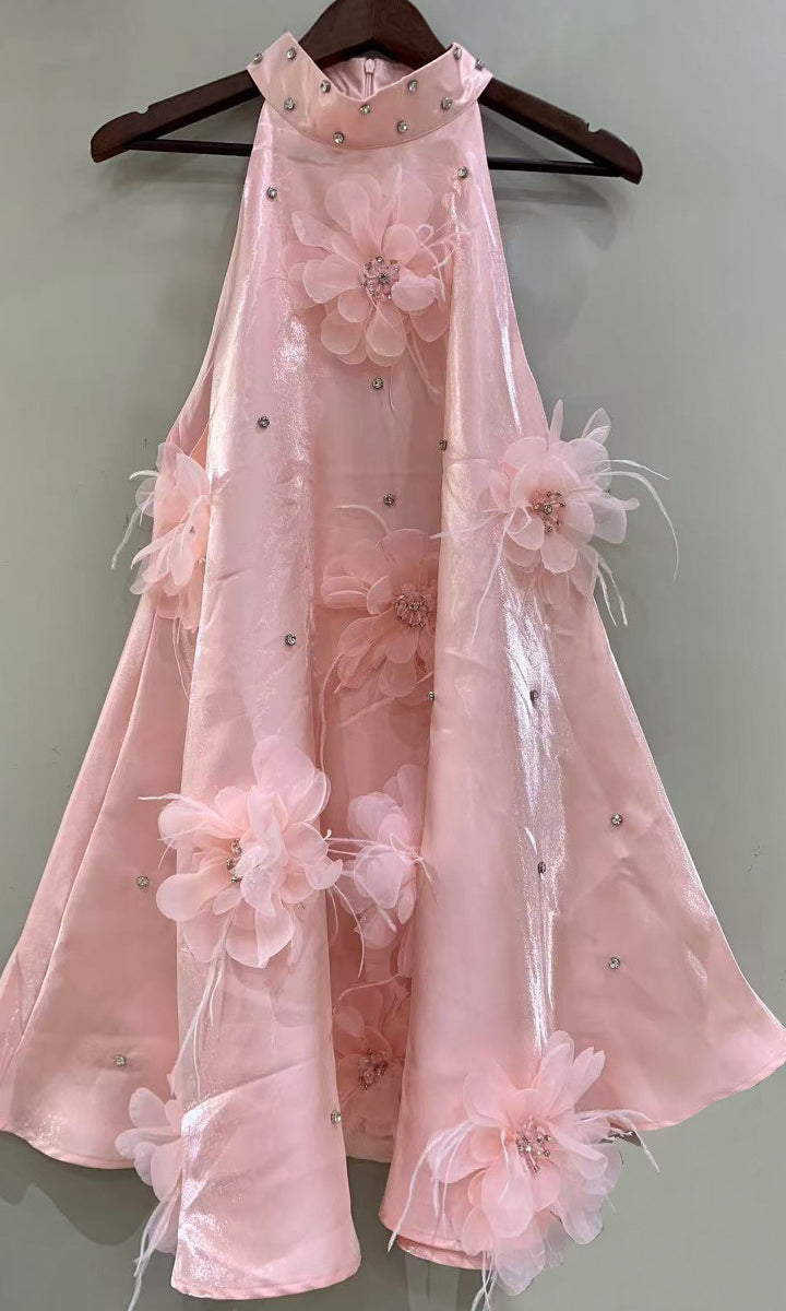 Pink halter dress with floral embellishments in a Stunning A Line Short Dress for women