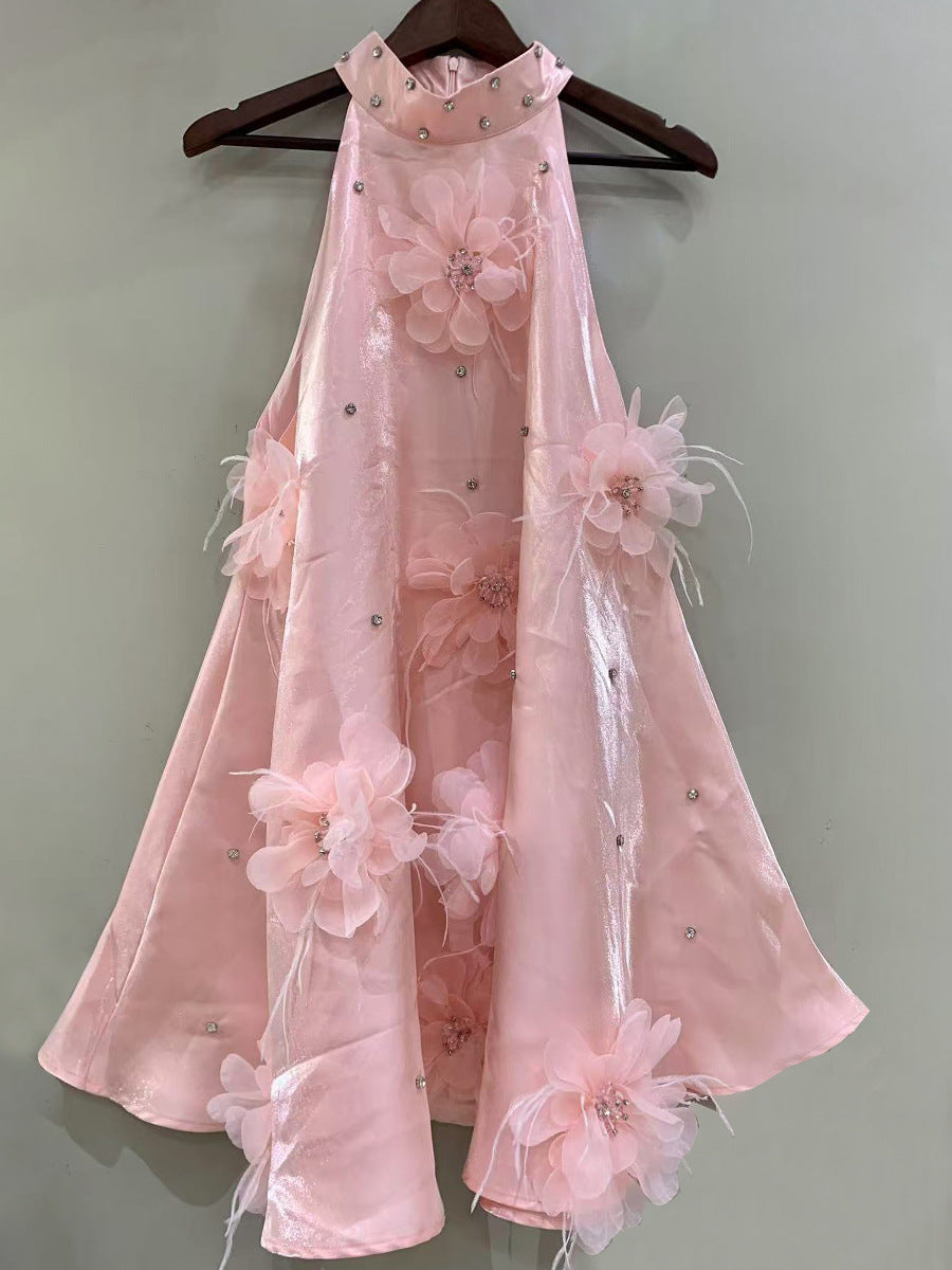 Pink halter dress with floral embellishments in a Stunning A Line Short Dress for women