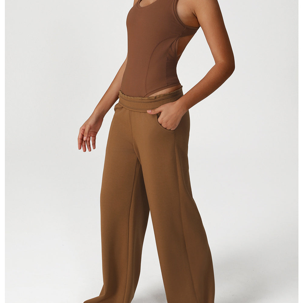 Langry fashion brown wide-leg high-waist mop pocket sweatpants in cotton linen