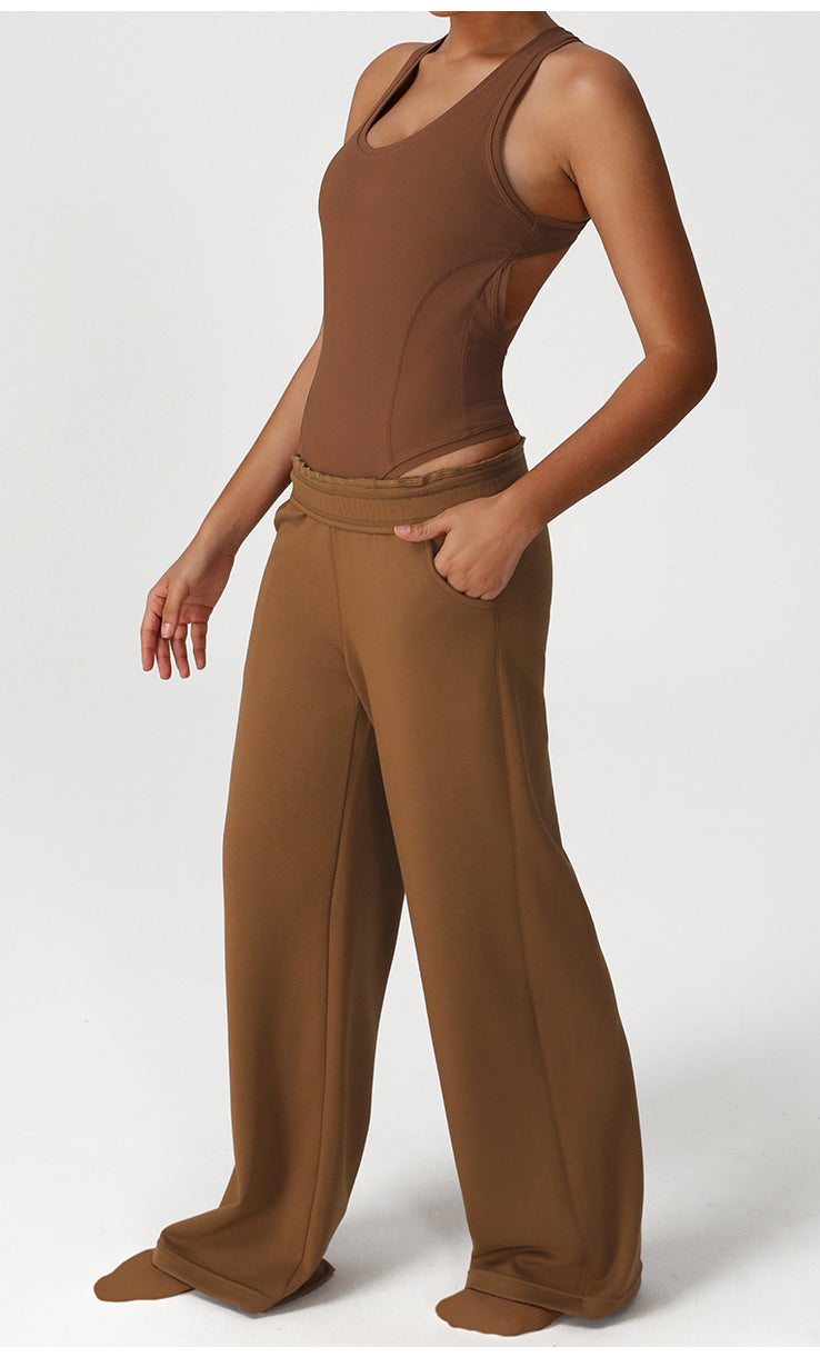 Langry fashion brown wide-leg high-waist mop pocket sweatpants in cotton linen