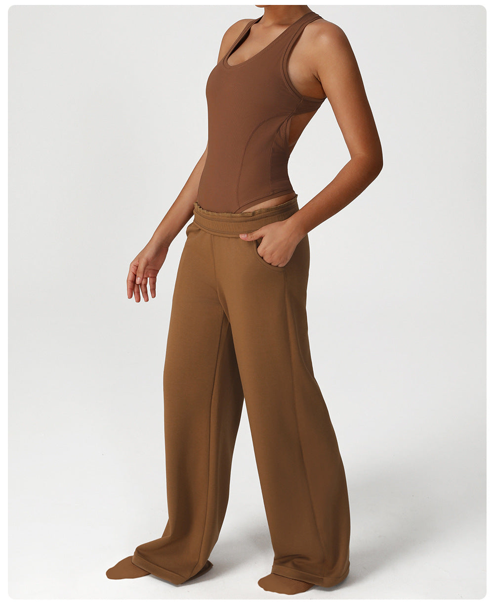 Langry fashion brown wide-leg high-waist mop pocket sweatpants in cotton linen