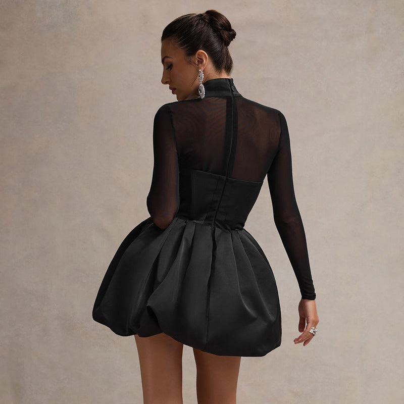 Elegant charming black mini dress with high-neck, perfect for fashion and ملابس occasions