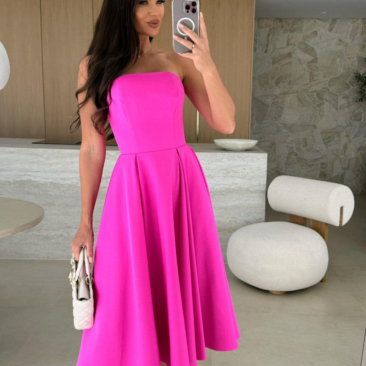 Strapless bright pink midi dress from Gorgeous Midi Dress, a stylish fashion choice