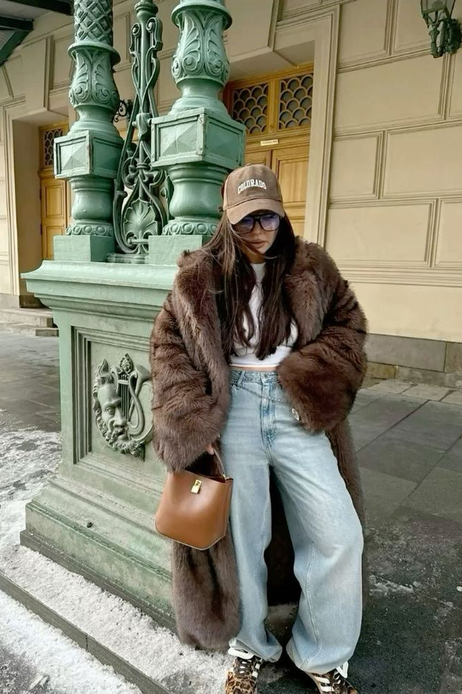 Brown faux fur Langry jacket with leather handbag and gold hardware