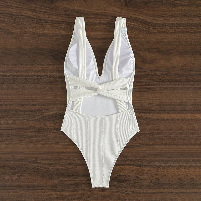 White ribbed one-piece swimsuit women for slimming beach exercise and stylish summer wear