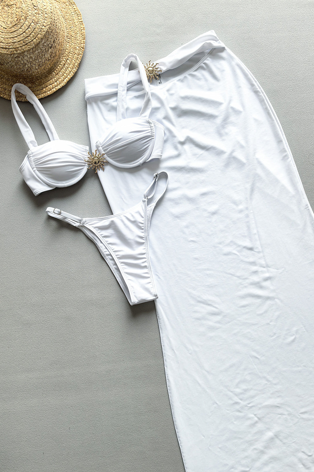 White two-piece swimsuit with straw sun hat from Attractive Three Piece Sets Bikini fashion