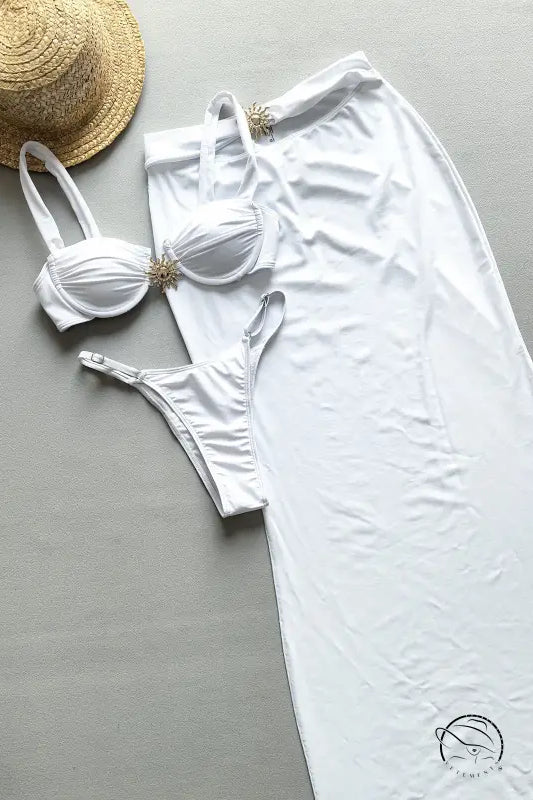 Attractive three piece sets bikini with white two-piece swimsuit and straw sun hat