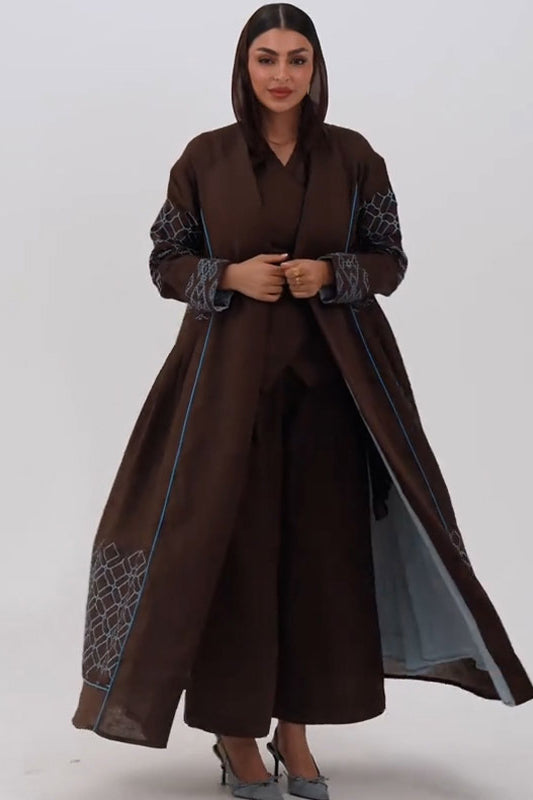 Brown abaya-style multicolor maxi dress with silver embroidery