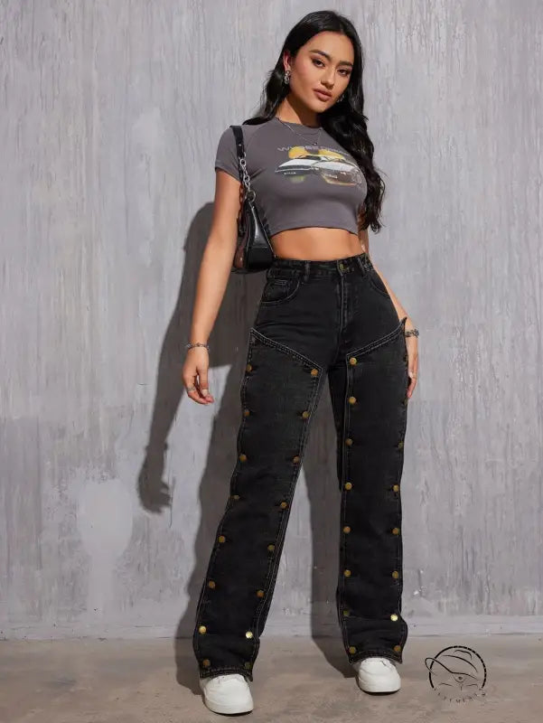 Women’s black high-waisted hip hop cargo pants with multi button details