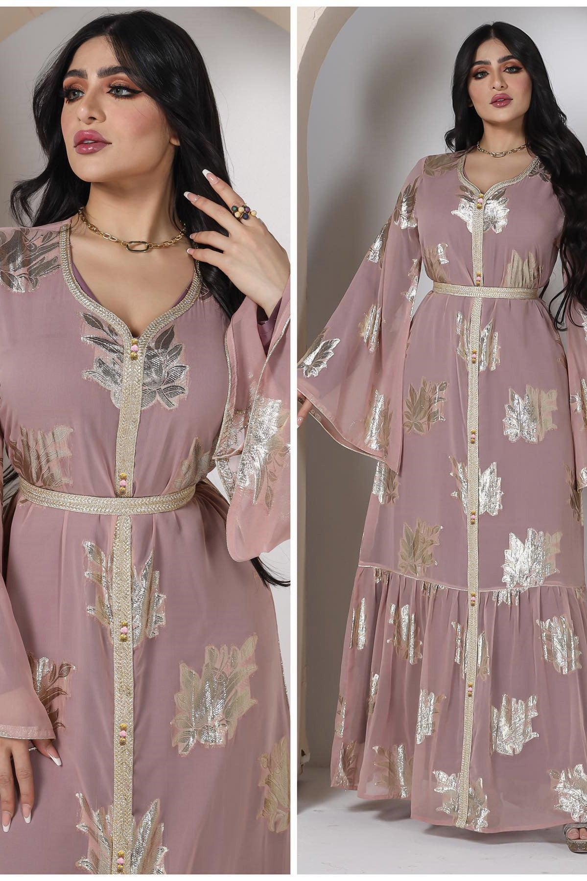 Langry fashion lavender chiffon dress with gold accents and belt