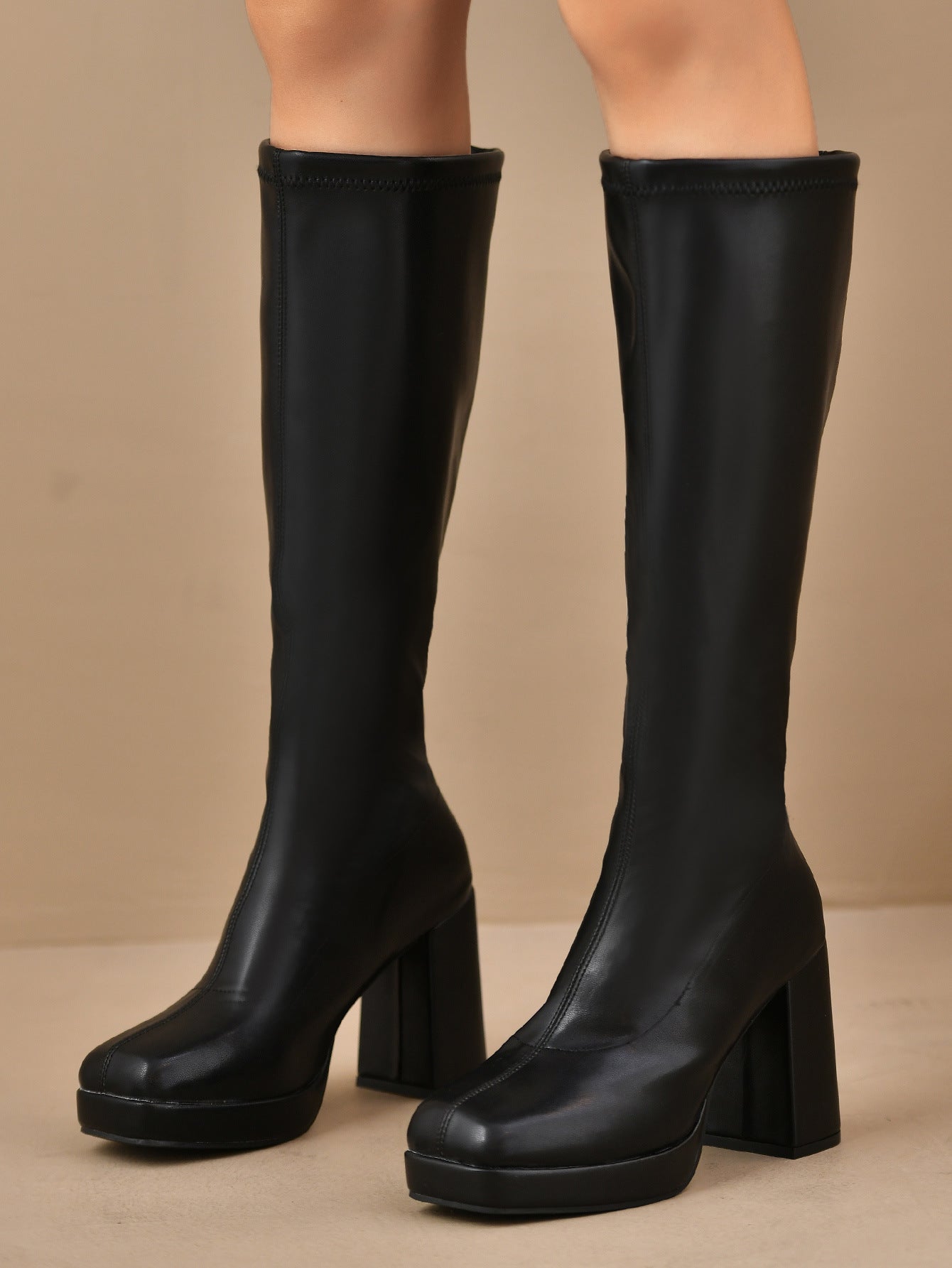 Leather Slimming Chunky Heel Below the Knee Knight Boots