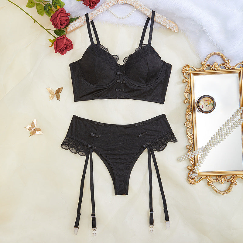 Elegant black lace lingerie set with garter straps from Underwear Lace See Through Temptation Bra T Back Two Piece Set, perfect for langry fashion enthusiasts and ملابس lovers