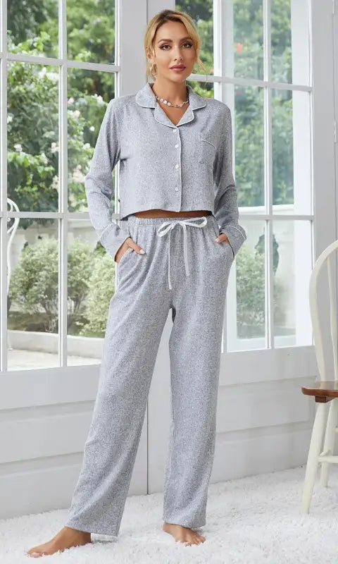 Women’s grey polka dot home wear pajama set with cropped long-sleeve top