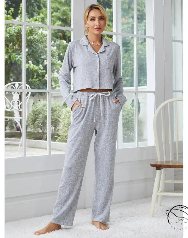 Women’s grey polka dot home wear pajama set with cropped long-sleeve top