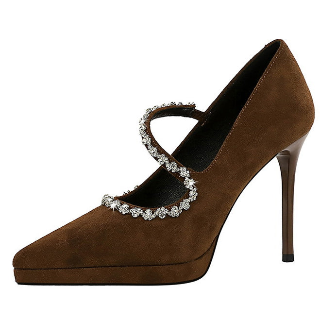 Cocktail Waterproof Platform Rhinestone Ankle Strap High Heel Pumps