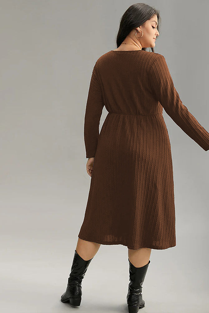 Plus-size brown long-sleeve midi match office dress with ribbed texture and black knee-high boots