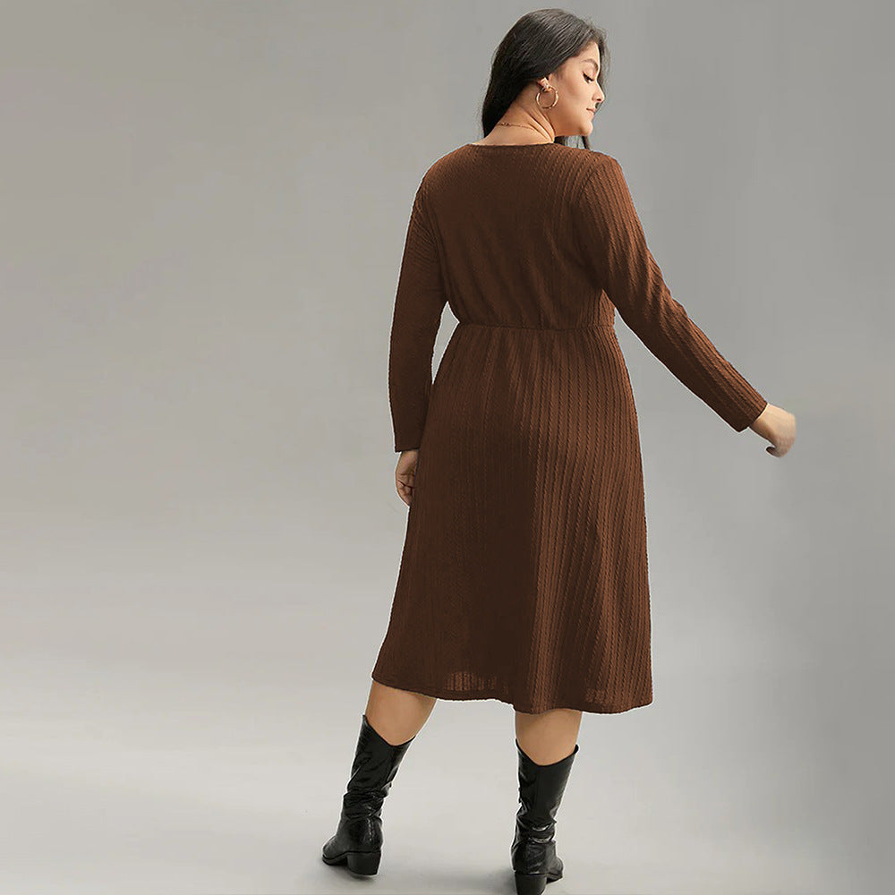 Plus-size brown long-sleeve midi match office dress with ribbed texture and black knee-high boots