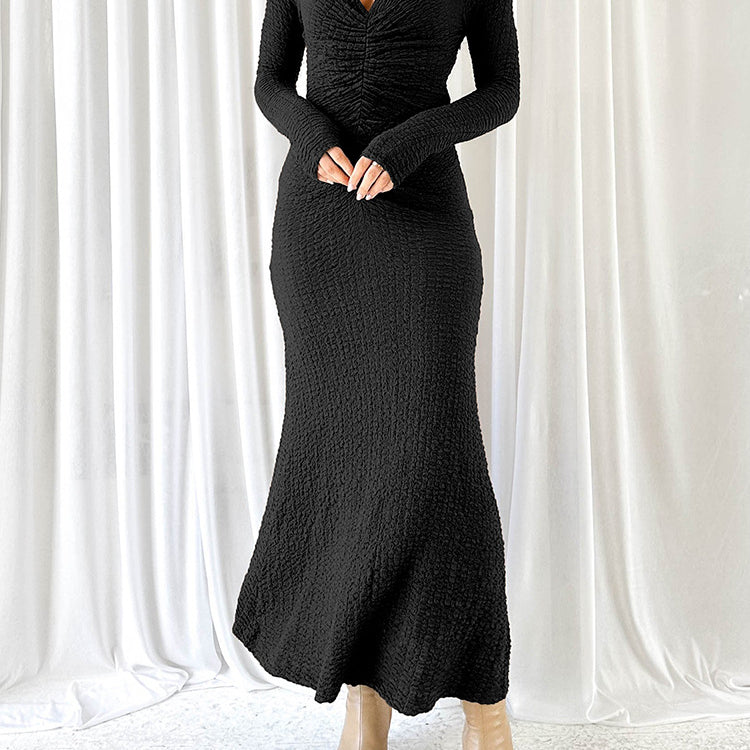 Black textured long-sleeved dress from Beautiful Knitted Dress in stylish langry fashion