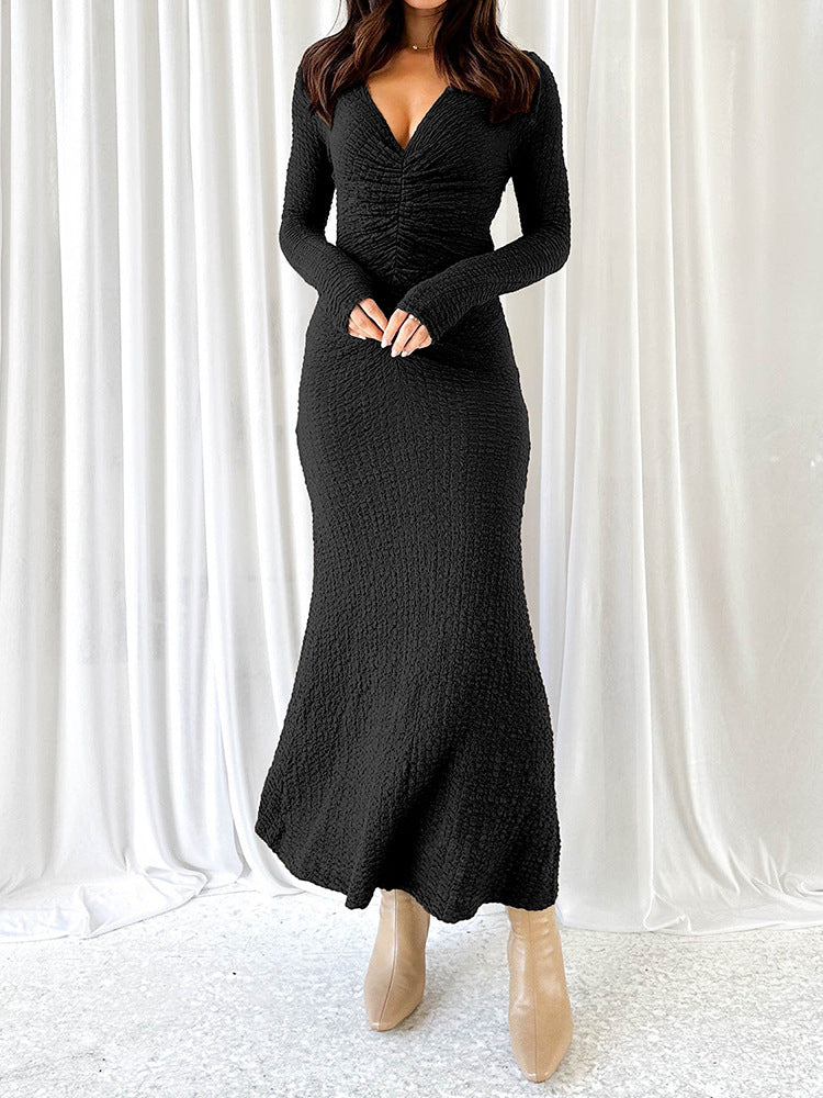 Black textured long-sleeved dress from Beautiful Knitted Dress in stylish langry fashion