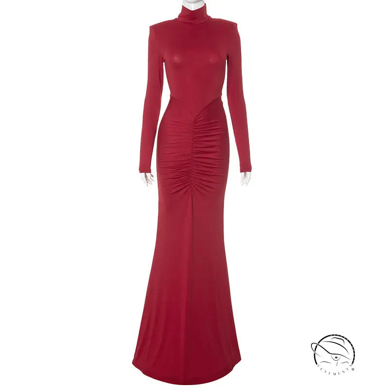 Elegant red fishtail dress with ruched turtleneck maxi style