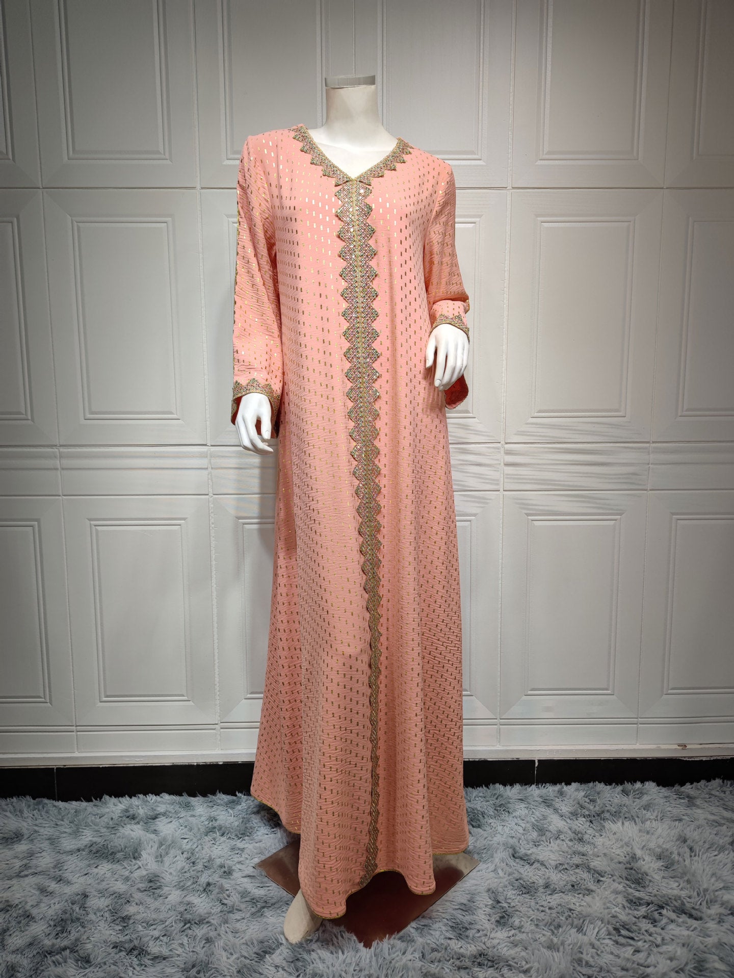 Peach lace maxi dress with gold embroidery in Langry fashion ملابس