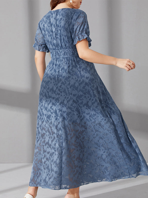 Elegant long blue patterned maxi dress with elastic waist and ruffled short sleeves