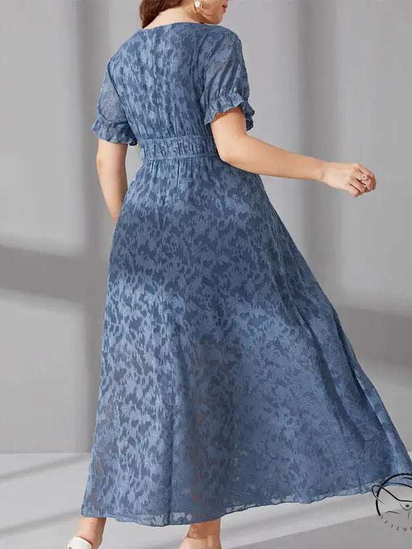 Elegant long elastic waist maxi dress in blue pattern