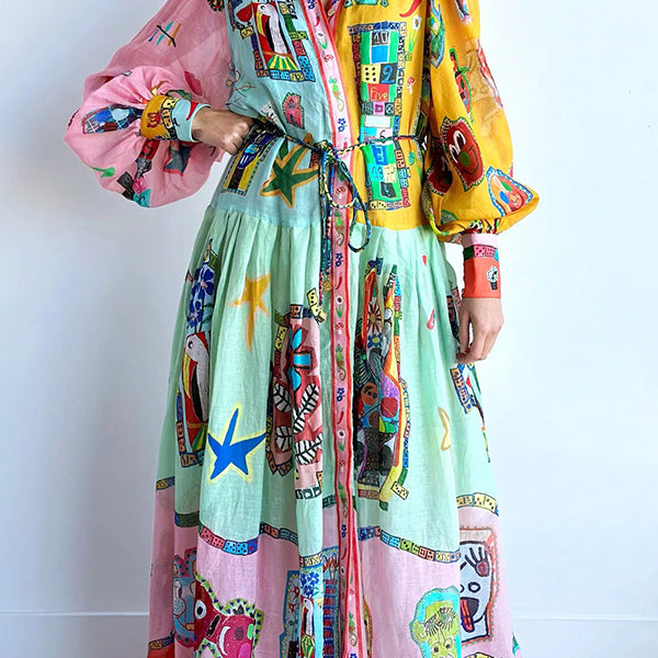 Single Breasted Long Lantern Sleeve Graffiti Printing Lace Up Large Swing Dress