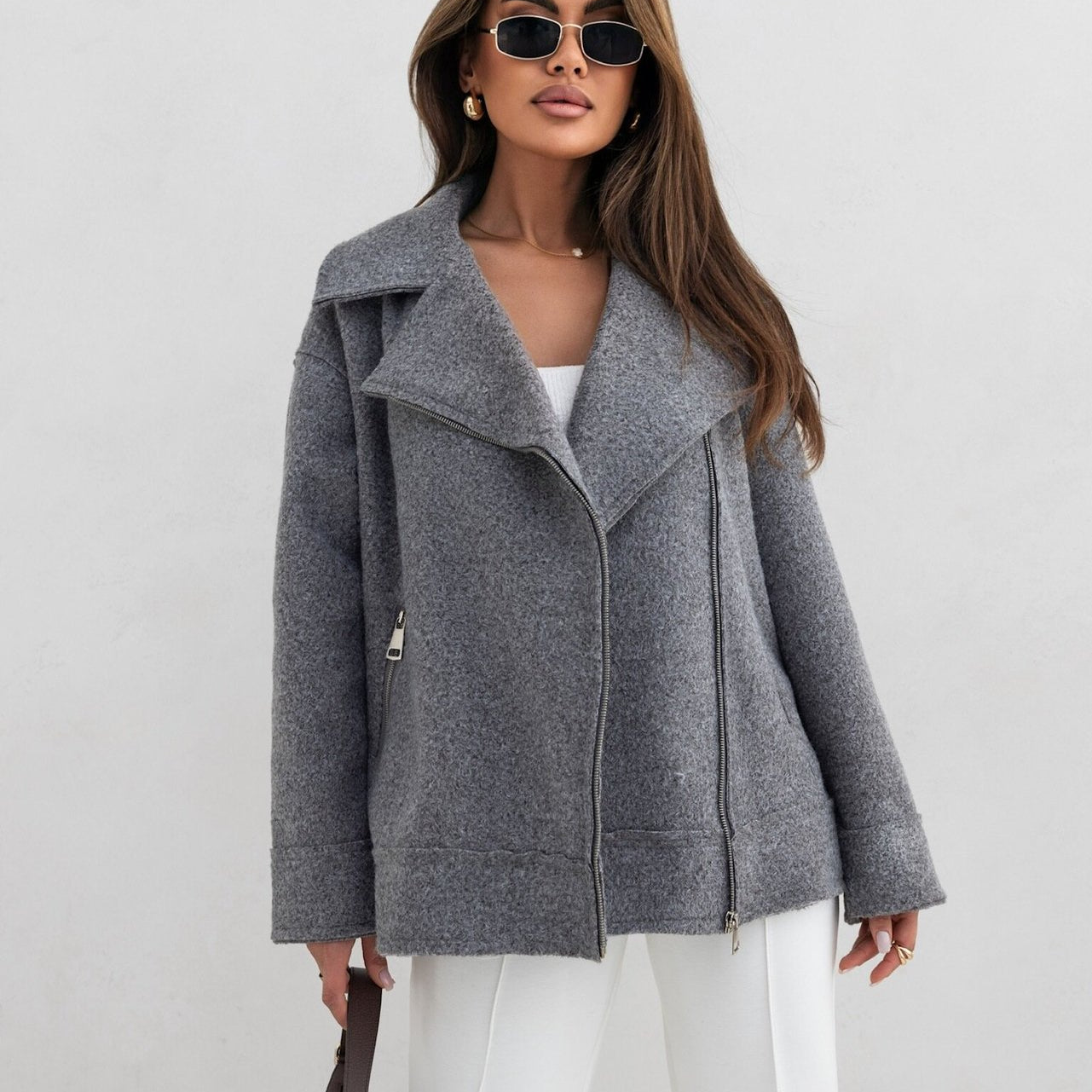 Gray textured zip-front jacket from Langry, ideal for stylish fashion ensembles