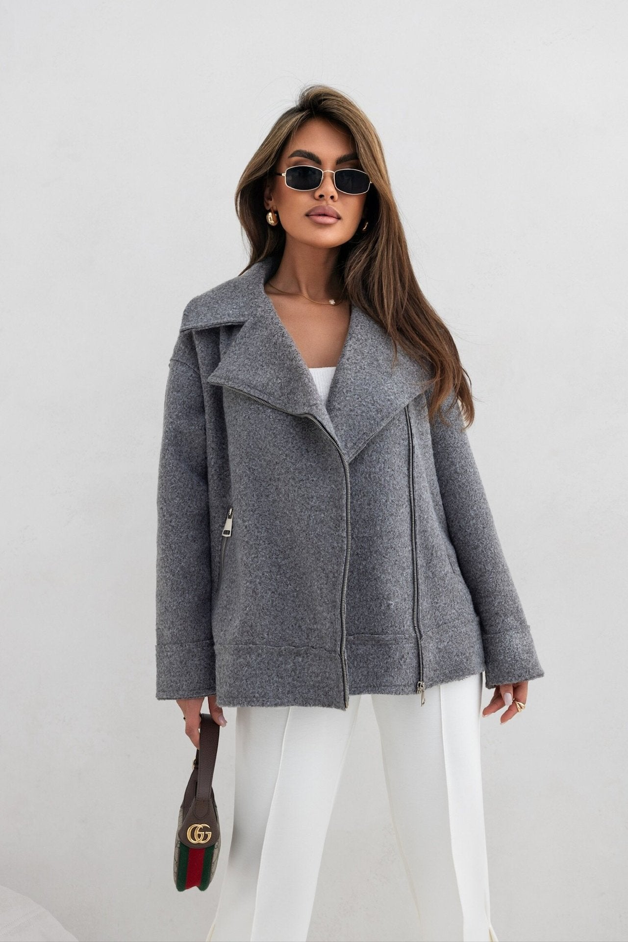 Gray textured zip-front jacket from Langry, ideal for stylish fashion ensembles