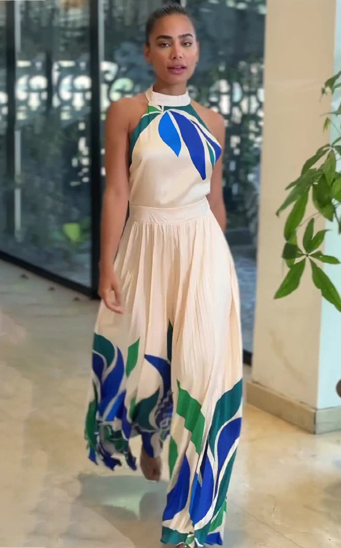 Off-white summer printed flared shorts jumpsuit with floral pattern for women