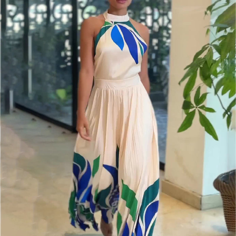 Off-white summer printed flared shorts jumpsuit with floral pattern for women