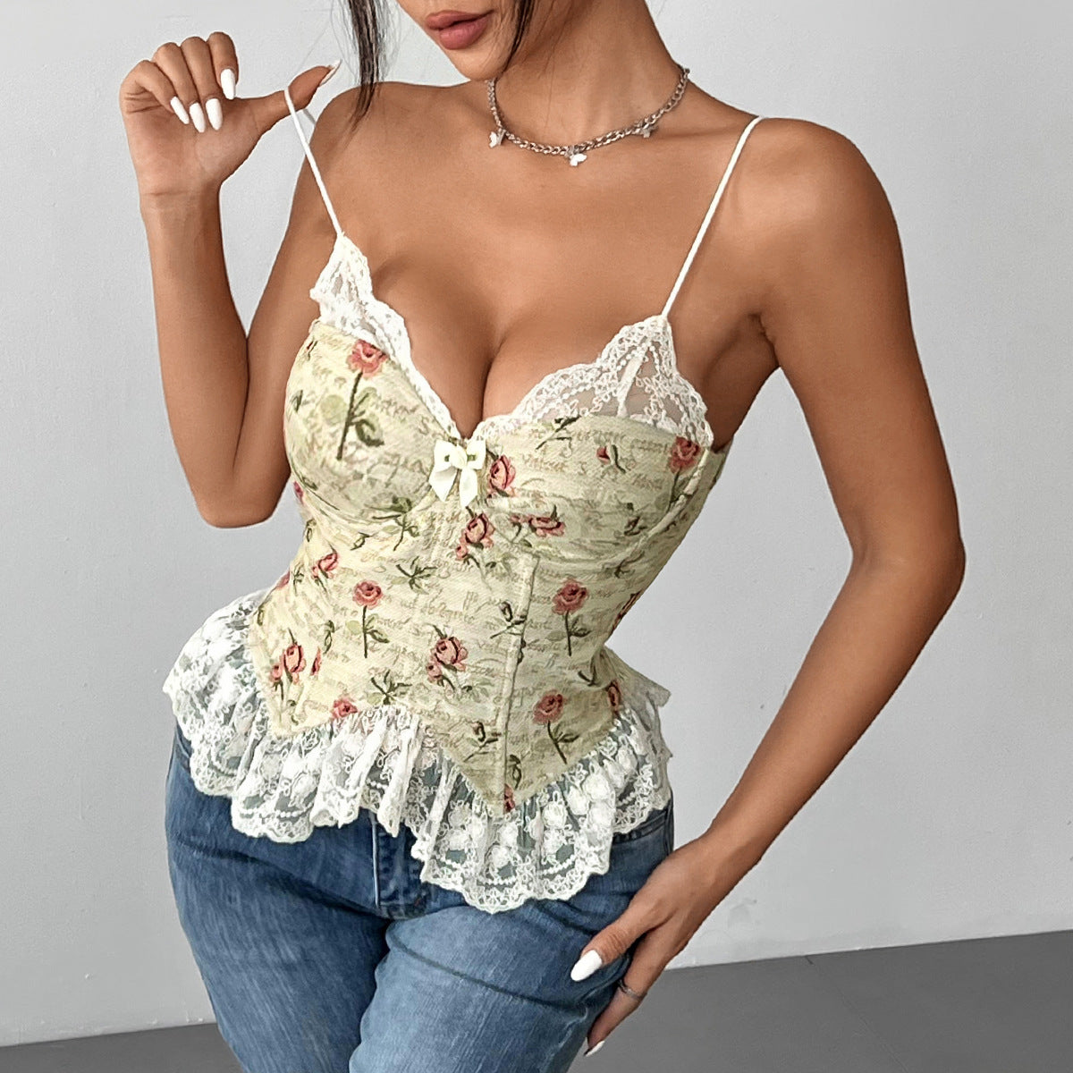 Elegant floral lace-trimmed camisole featured in Vintage Jacquard Niche Stitching Lace corset fashion collection