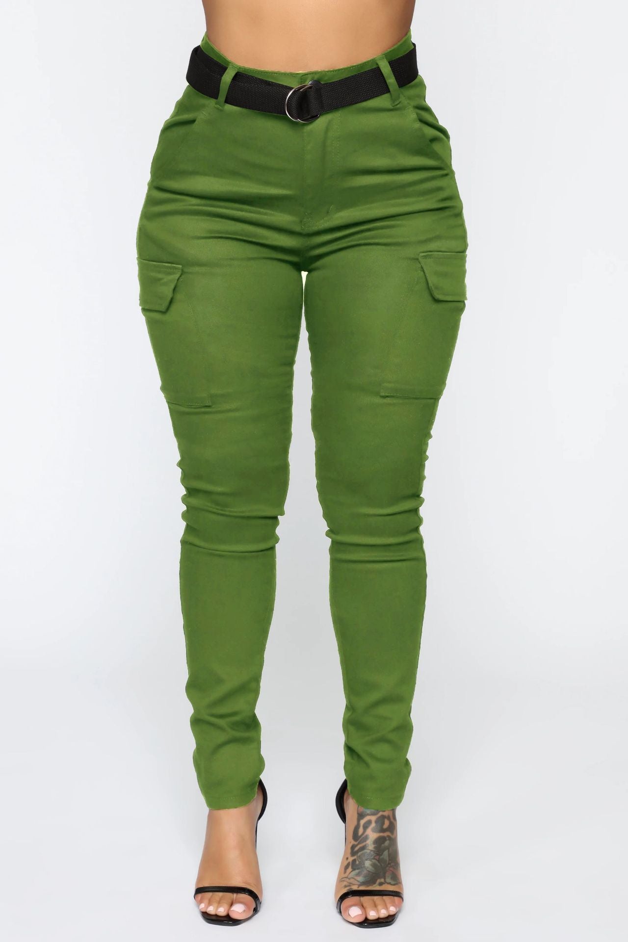 Green cargo pants with black stretch belt from Casual Skinny Stretch Belt Sports Pants collection