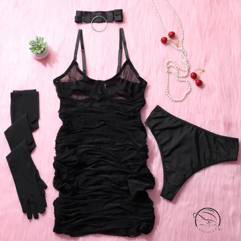 Black hot see-through fishnet lingerie set in elegant display