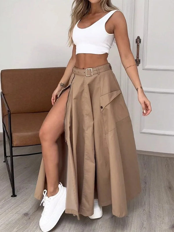 Ladies Set Summer Sleeveless Solid Color Slit Two Piece