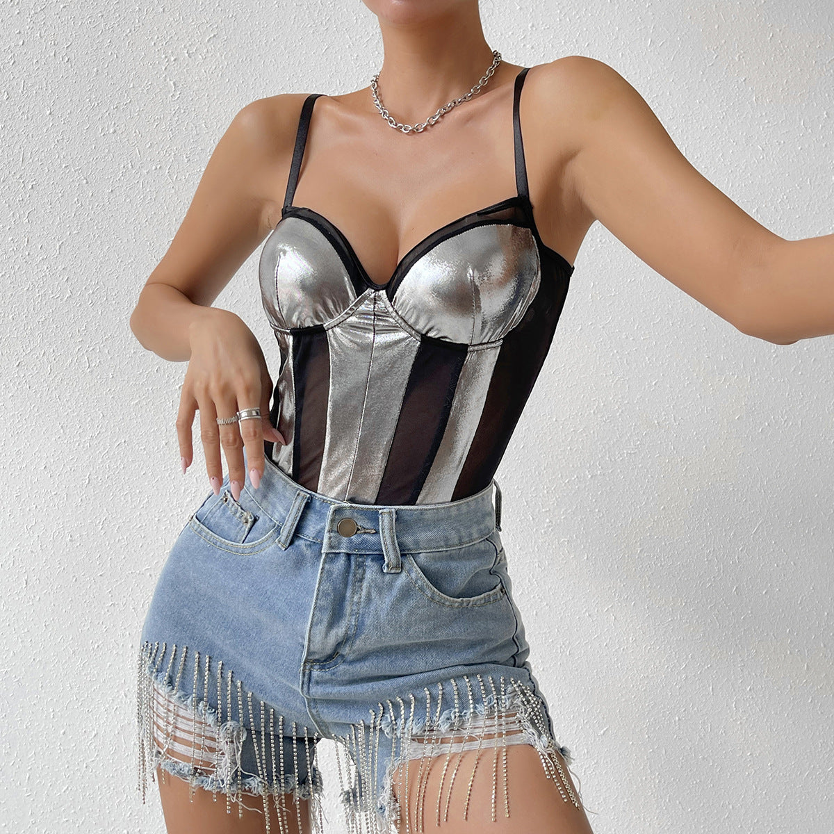 Silver and black striped bodysuit with denim fringe shorts from Stitching Contrast Color Women Summer Jumpsuit, perfect for langry fashion and ملابس styles